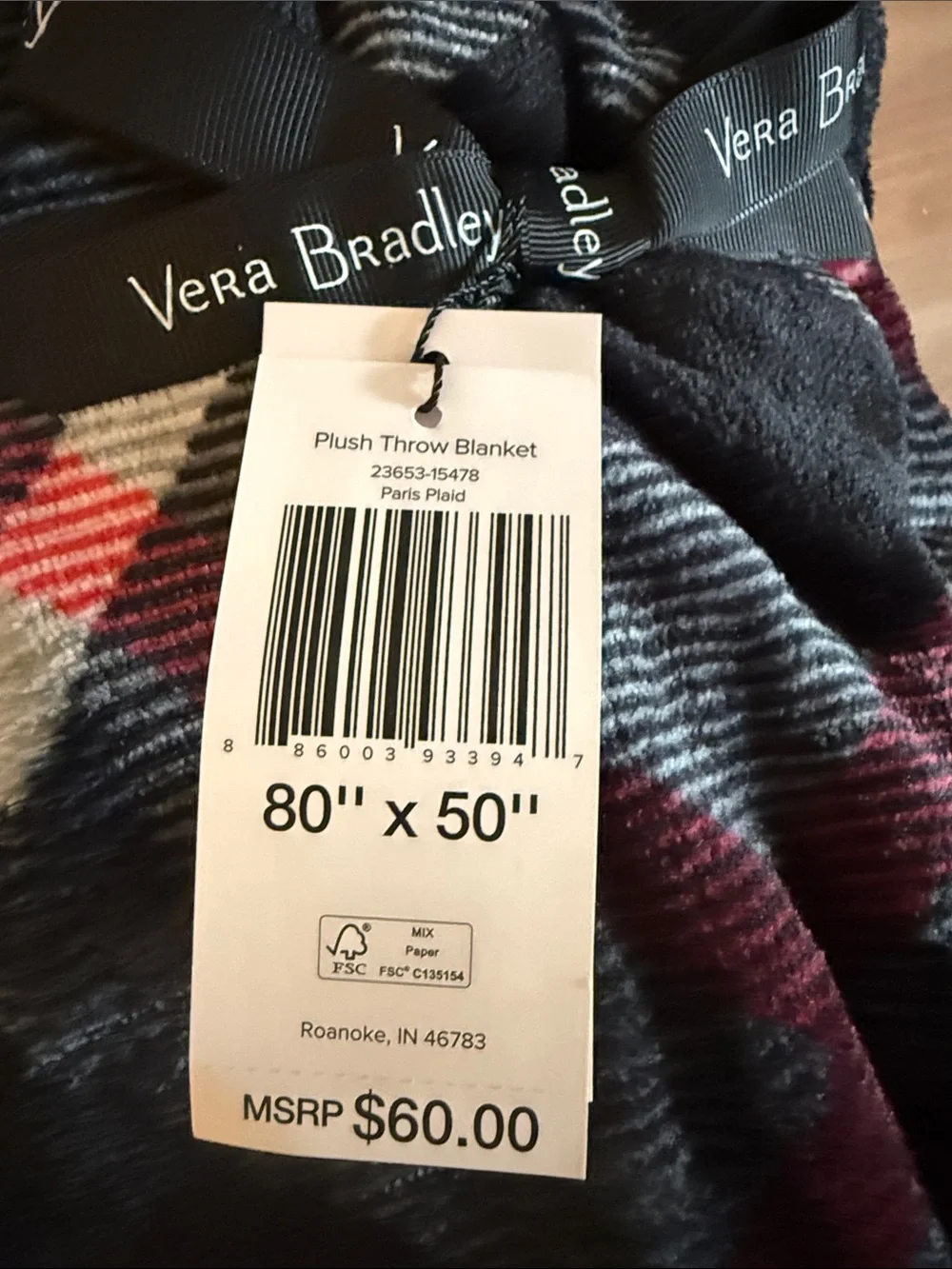 Vera Bradley Throw Blanket Cozy Paris Plaid Neutral Black Red White NWT